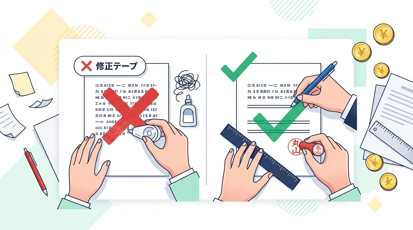 年末調整の書類を書き間違えた！訂正印のルールと提出後に気づいたときの直し方の制度・手続きイメージイラスト