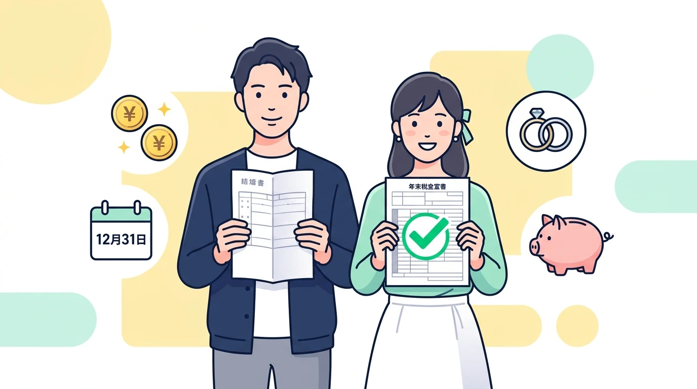 年の途中で結婚した人の年末調整。12月31日に入籍しても1年分の配偶者控除は満額かのイメージイラスト