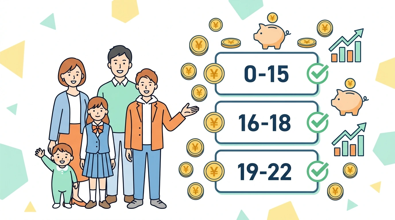 子どもの年齢別・扶養控除ガイド。0〜15歳はゼロ、16〜18歳は38万、19〜22歳は63万円のイメージイラスト