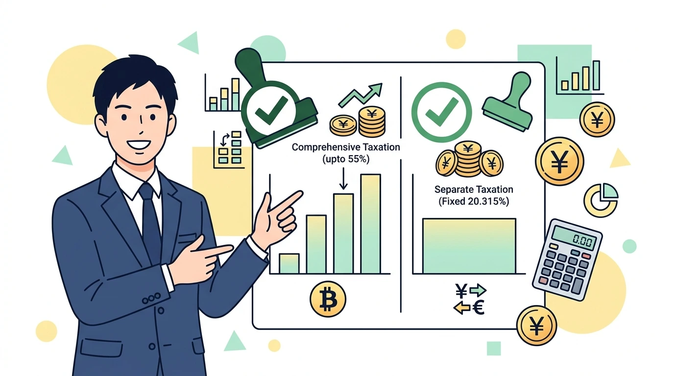 暗号資産(仮想通貨・ビットコイン)やFXで利益が出たサラリーマンの年末調整と確定申告の制度・手続きイメージイラスト