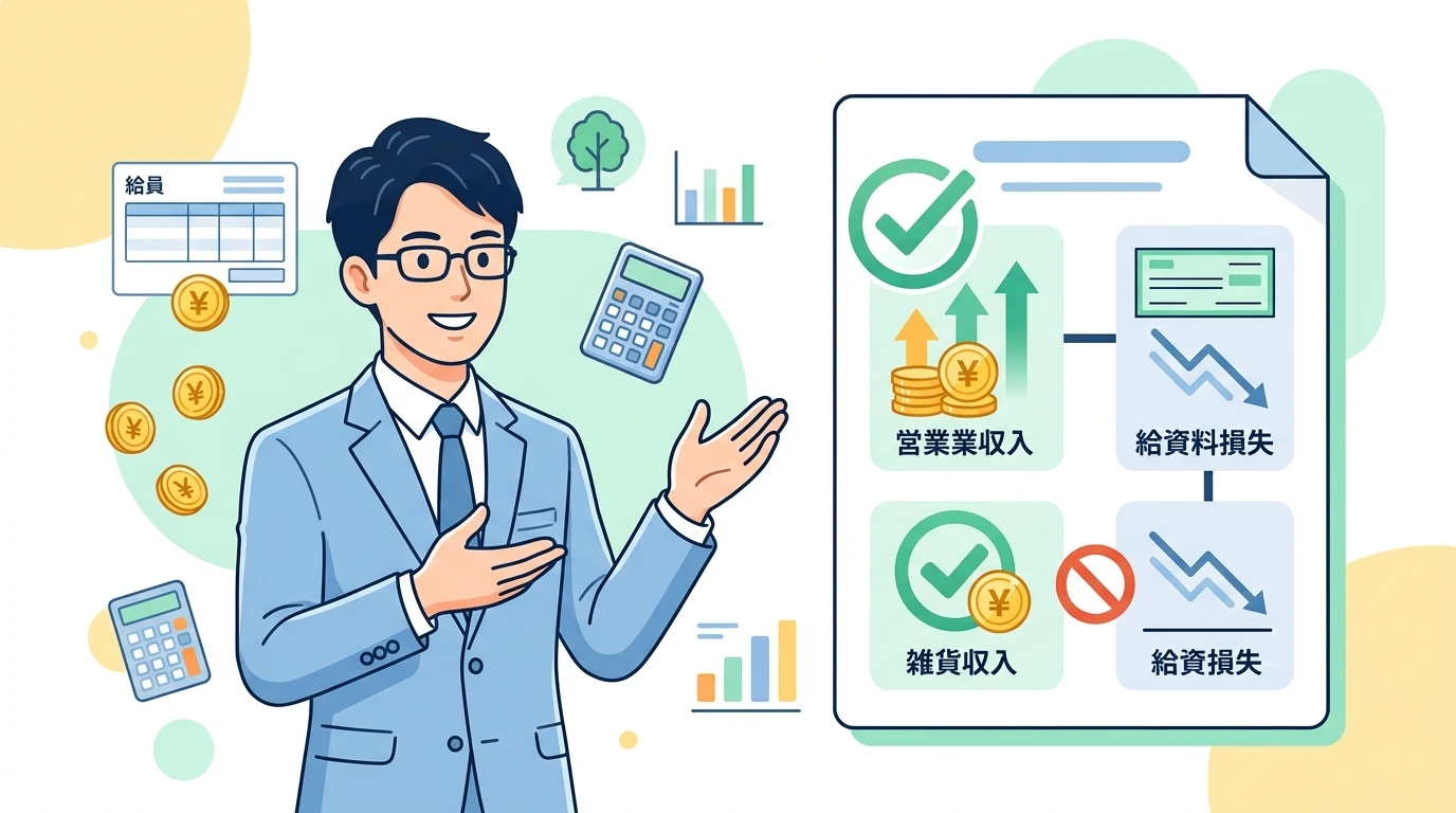 サラリーマンが副業で「赤字（損失）」が出た場合、本業の給料と損益通算して税金を減らせるか？（事業所得vs雑所得の300万円基準）の制度・手続きイメージイラスト
