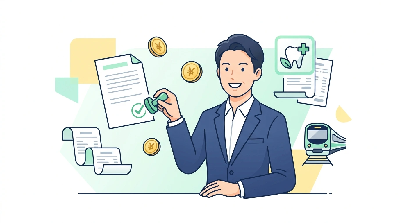 医療費控除の完全攻略。年間10万円（または所得の5%）を超えたら確定申告、通院交通費・歯科矯正・市販薬の扱い方のイメージイラスト