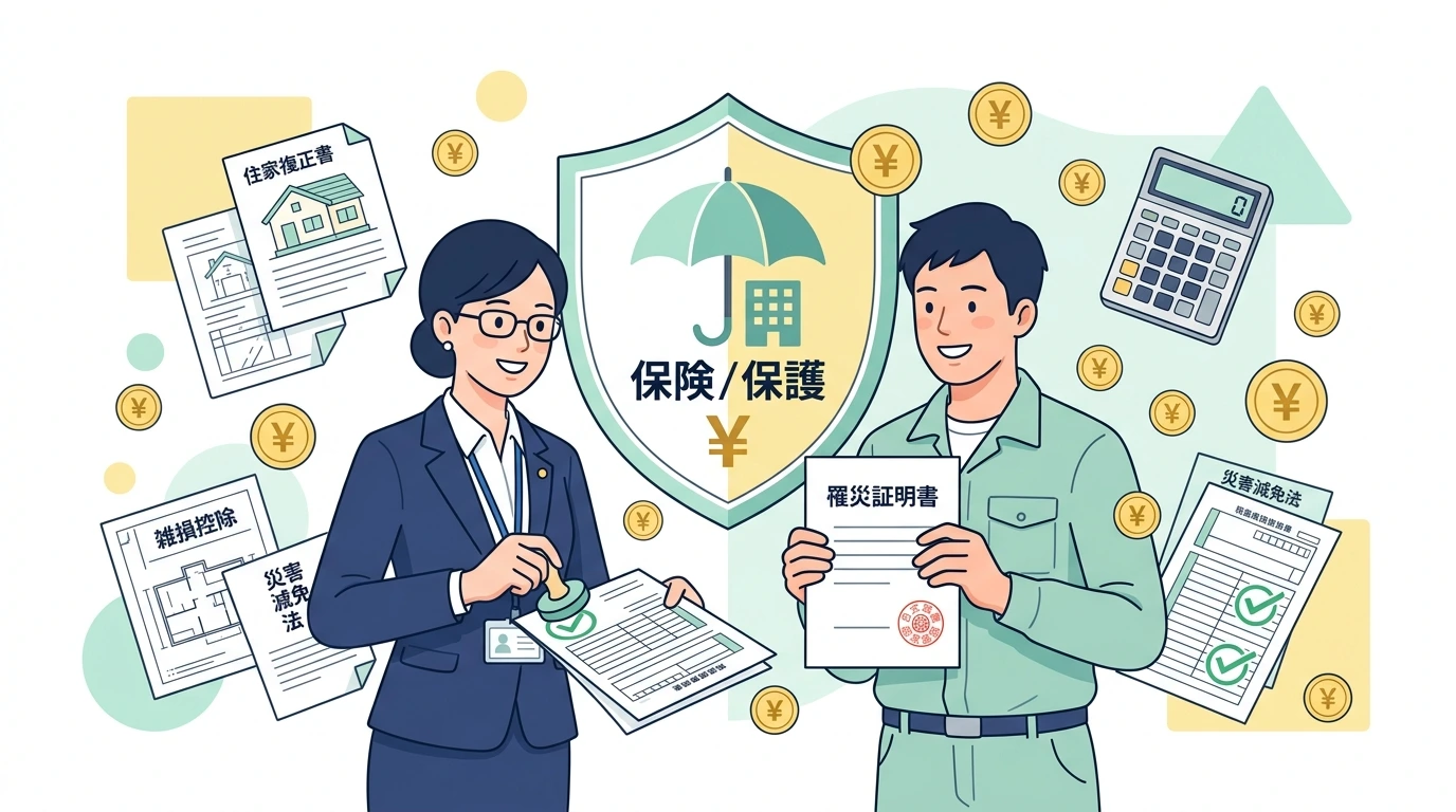 災害や盗難で被害を受けた時の「雑損控除（ざっそんこうじょ）」と「災害減免法」の確定申告ガイドのイメージイラスト