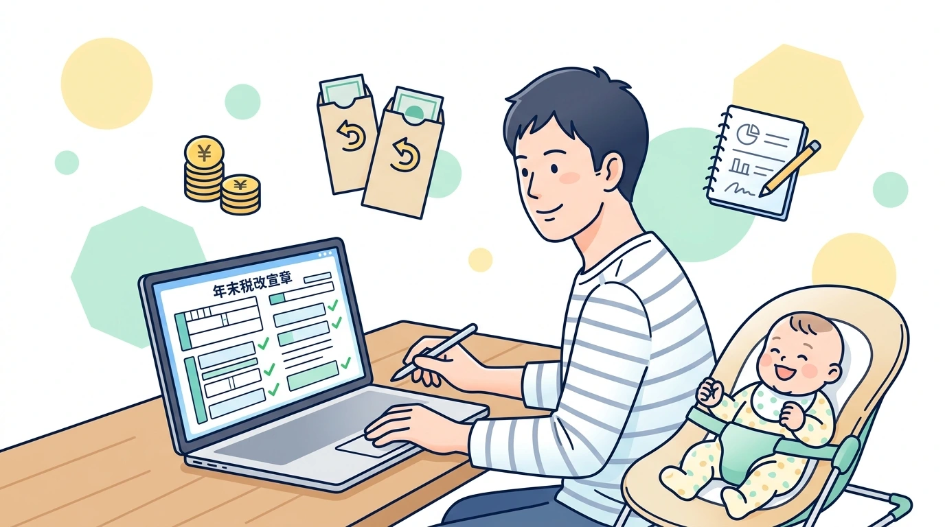 パパ育休の年末調整と社会保険料免除、手取り9割を維持する仕組みの完了・申告イメージイラスト