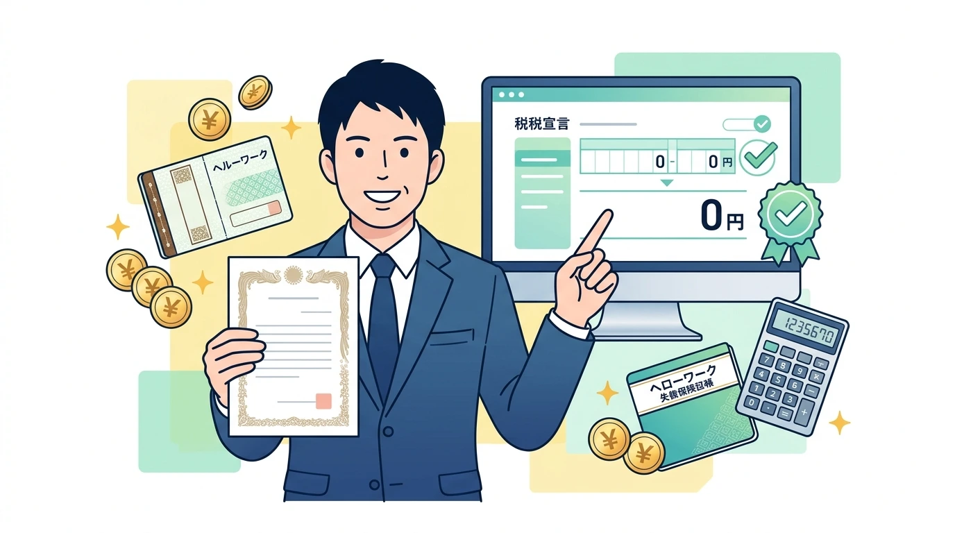 【失業保険と年末調整】ハローワークの基本手当は税金ゼロ！退職した年の確定申告と還付金計算の制度・手続きイメージイラスト