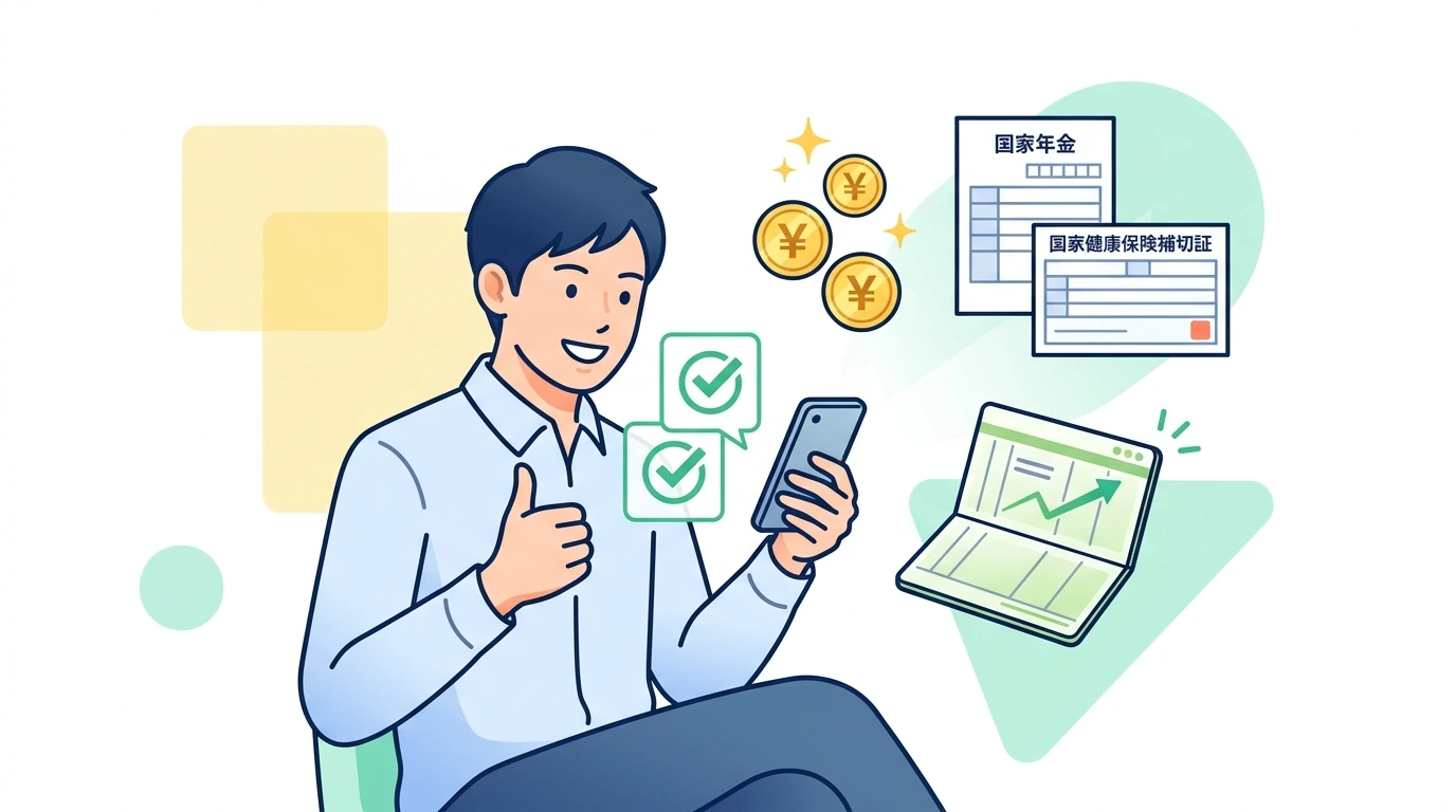 【失業保険と年末調整】ハローワークの基本手当は税金ゼロ！退職した年の確定申告と還付金計算の完了・申告イメージイラスト
