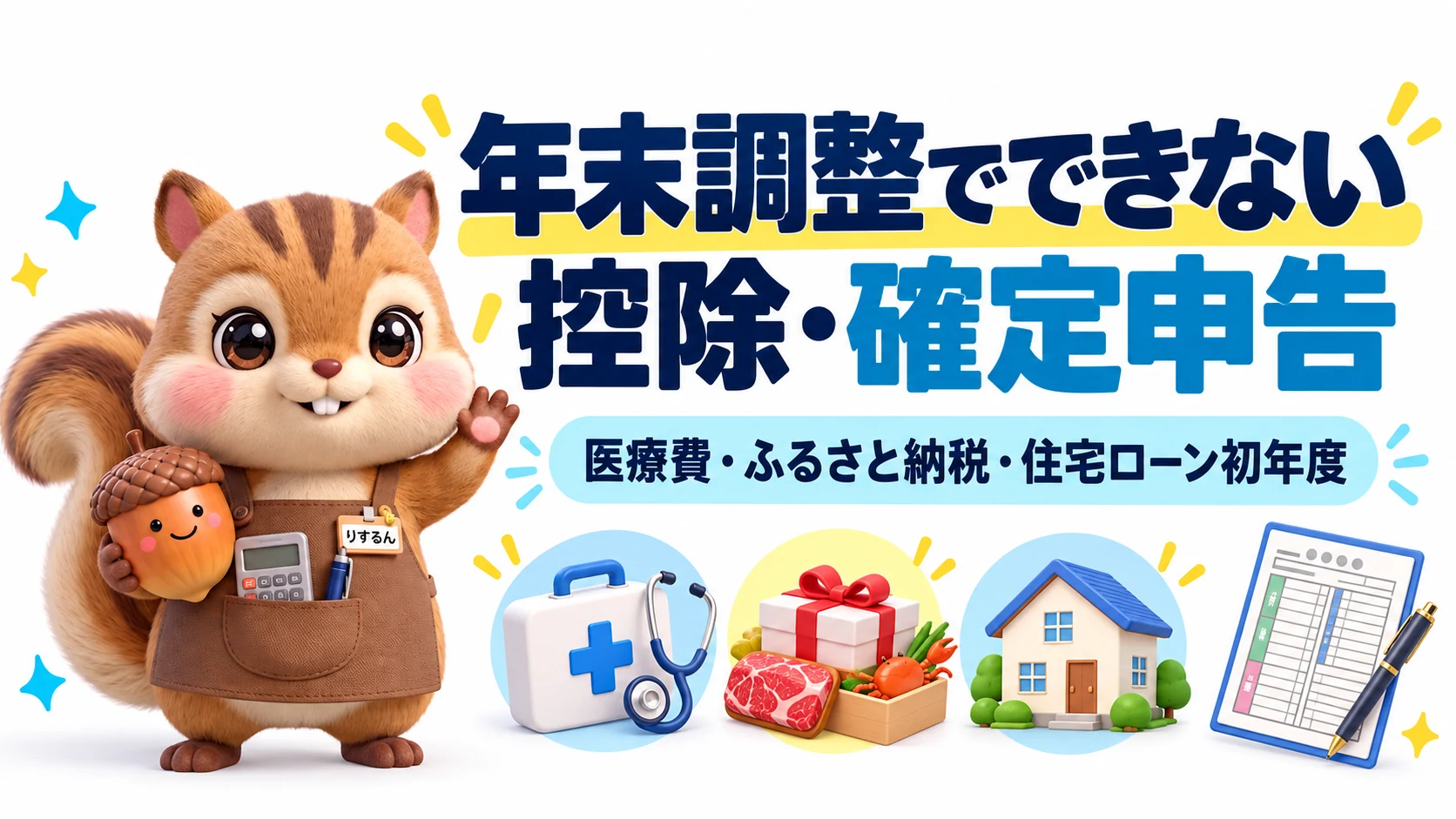 年末調整でできない控除・確定申告。医療費、ふるさと納税、住宅ローン初年度を扱うことを紹介する表紙