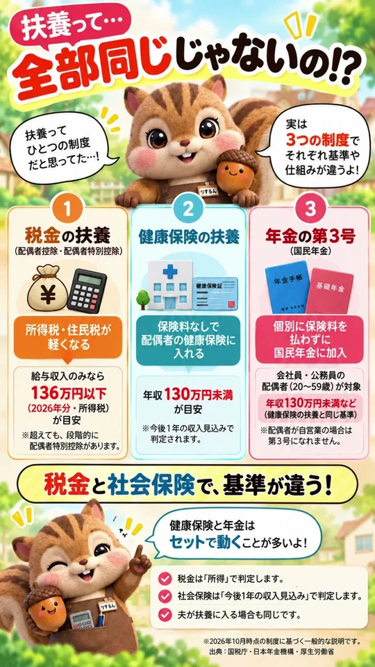 動画#27のサムネイル。扶養は税金・健康保険・年金の3種類で、それぞれ仕組みと基準が違うことを図解