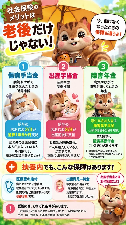 動画#31のサムネイル。社会保険のメリットは老後の年金だけでなく、傷病手当金・出産手当金・障害年金などの保障があることを図解