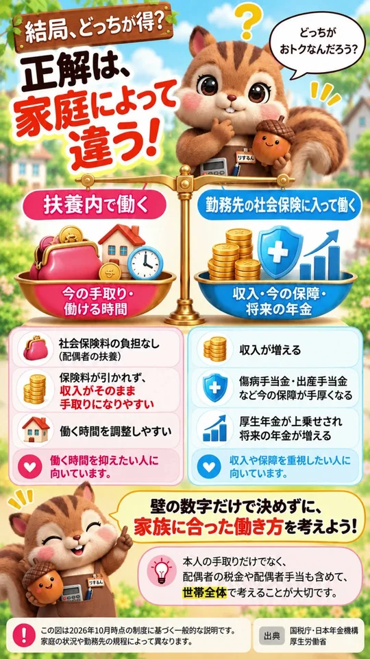 動画#32のサムネイル。扶養内で働く場合と勤務先の社会保険に入って働く場合を、家計で比べて考えることを図解