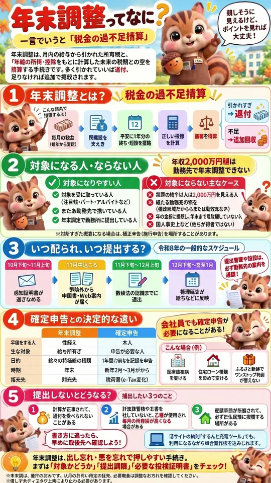 動画#34のサムネイル。年末調整とは何か、対象になる人・ならない人、いつ配られいつ提出するか、確定申告との違い、提出しない場合を5つのポイントで図解