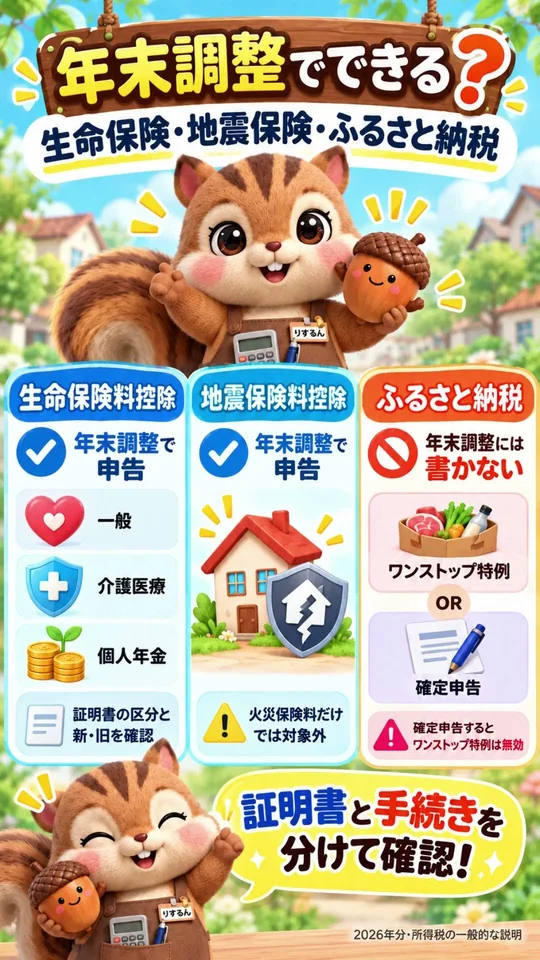 動画#35のサムネイル。年末調整でできること。生命保険料控除と地震保険料控除は年末調整で申告し、ふるさと納税は年末調整には書かずワンストップ特例か確定申告で手続きすることを図解